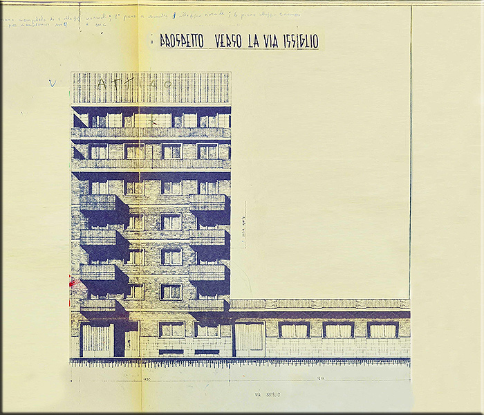 Il progetto esecutivo approvato dal Comune di Torino nel 1958 per la costruzione di un palazzo al civico 40 di Via Issiglio, a fianco della modelleria da poco ristrutturata al civico 38.