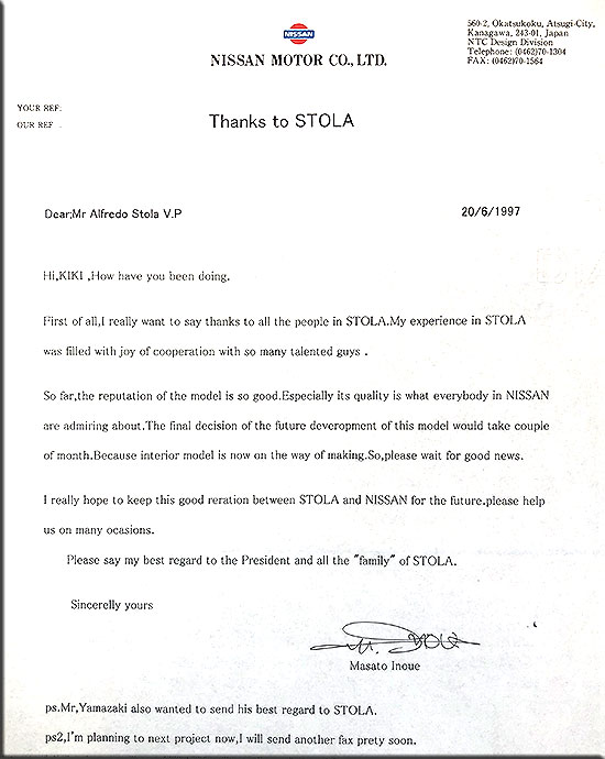 Giugno 1997 La lettera di congratulazioni di Masato Inoue per il lavoro svolto sul modello di stile della Nissan Cedric.