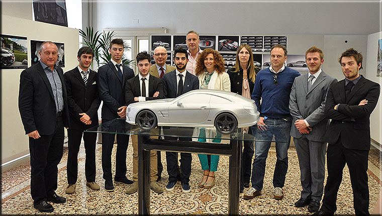 Como, 27 maggio 2013. Centro stile Mercedes-Benz. Presentazione finale del progetto. Da sinistra: I. Moriggi, C. Zanot, S. Manini, B. Arena, A. Stola, D. Pellegrino, S. Koehl, MP. Stola, L. Milani, M. Paganetti, M. Bavaro, R. Cascone.