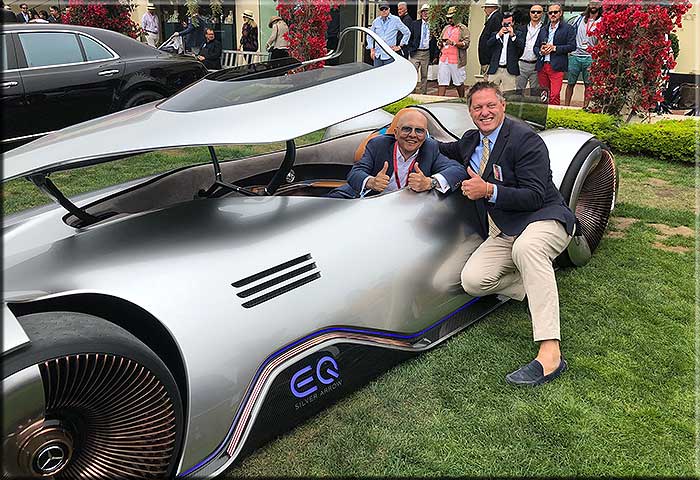 Monterey 26 agosto 2018. Il concorso di Pebble Beach è sempre occasione d'incontri.  Alfredo Stola e Gorden Wagener insieme con la Mercedes-Benz EQ Silver Arrow.